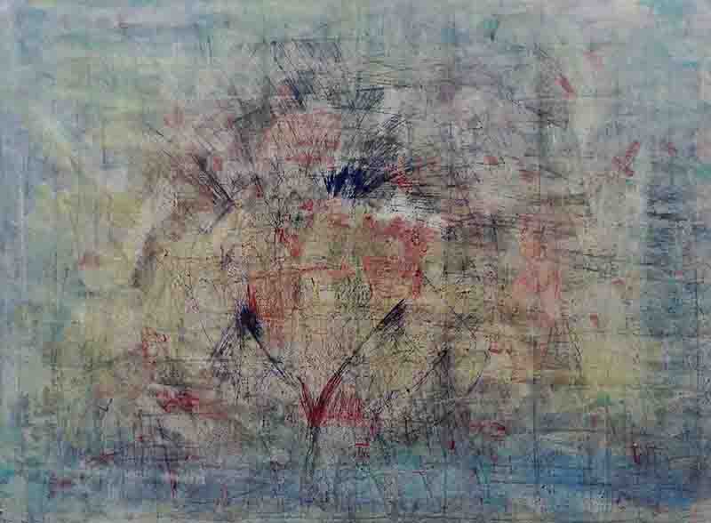 Abstrakte, texturreiche Mischtechnik auf Leinwand mit einer zentralen, kreisförmigen Komposition. Das Werk kombiniert sanfte Hintergründe in Blau- und Beigetönen mit dynamischen, dunklen Kratzspuren und diffusen Akzenten in Rot und Schwarz, die an ein verblasstes Porträt oder eine kosmische Struktur erinnern.