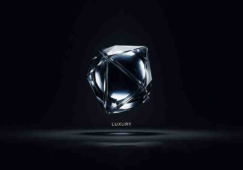 Abstrakte, geometrische Darstellung eines Luxusobjekt in Kristall-Form in dunkler Chrom-Optik, schwebend vor schwarzem Hintergrund